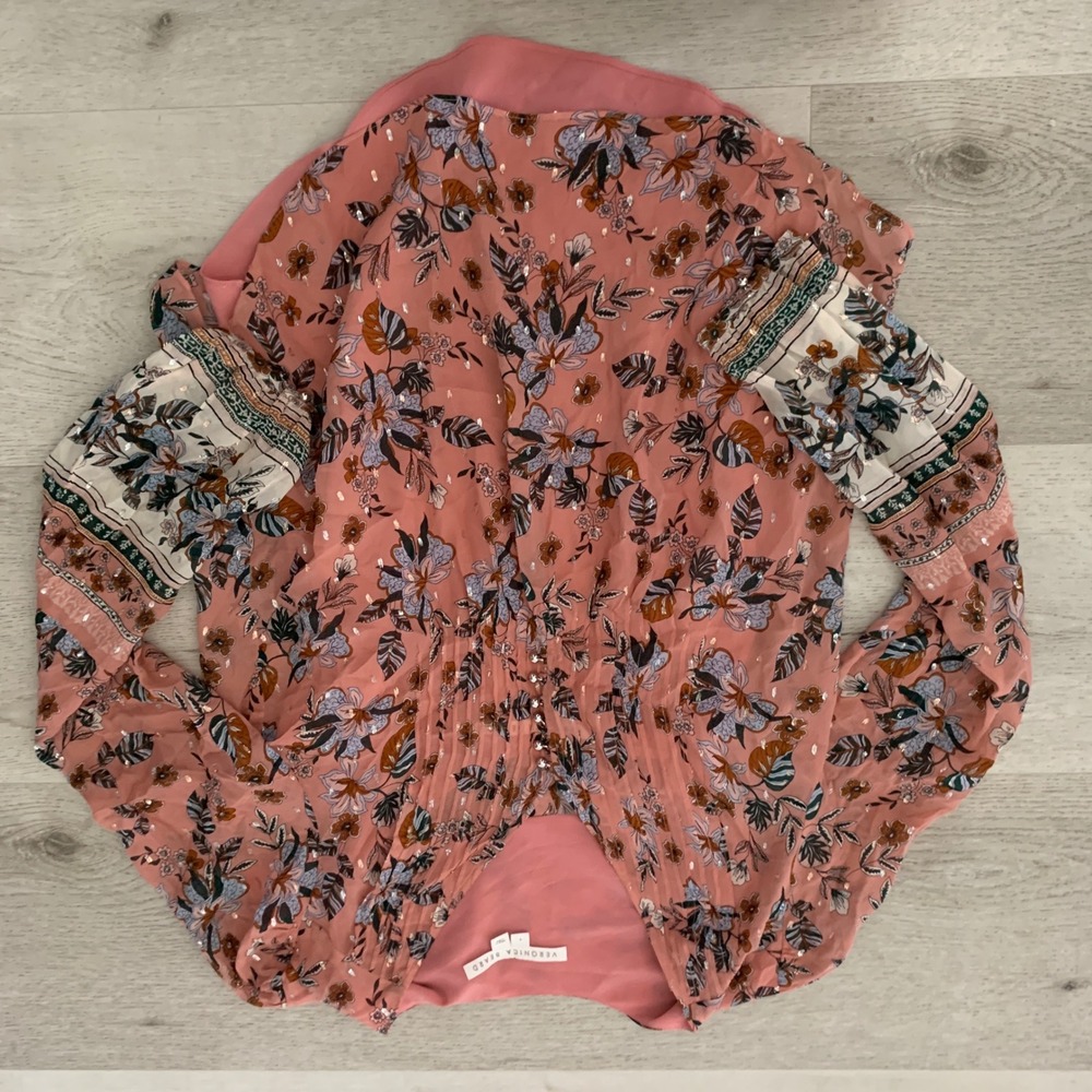 Veronica Beard Pink Floral Silk Metallic Smocked Blouse Top Size 4 Boho Chic